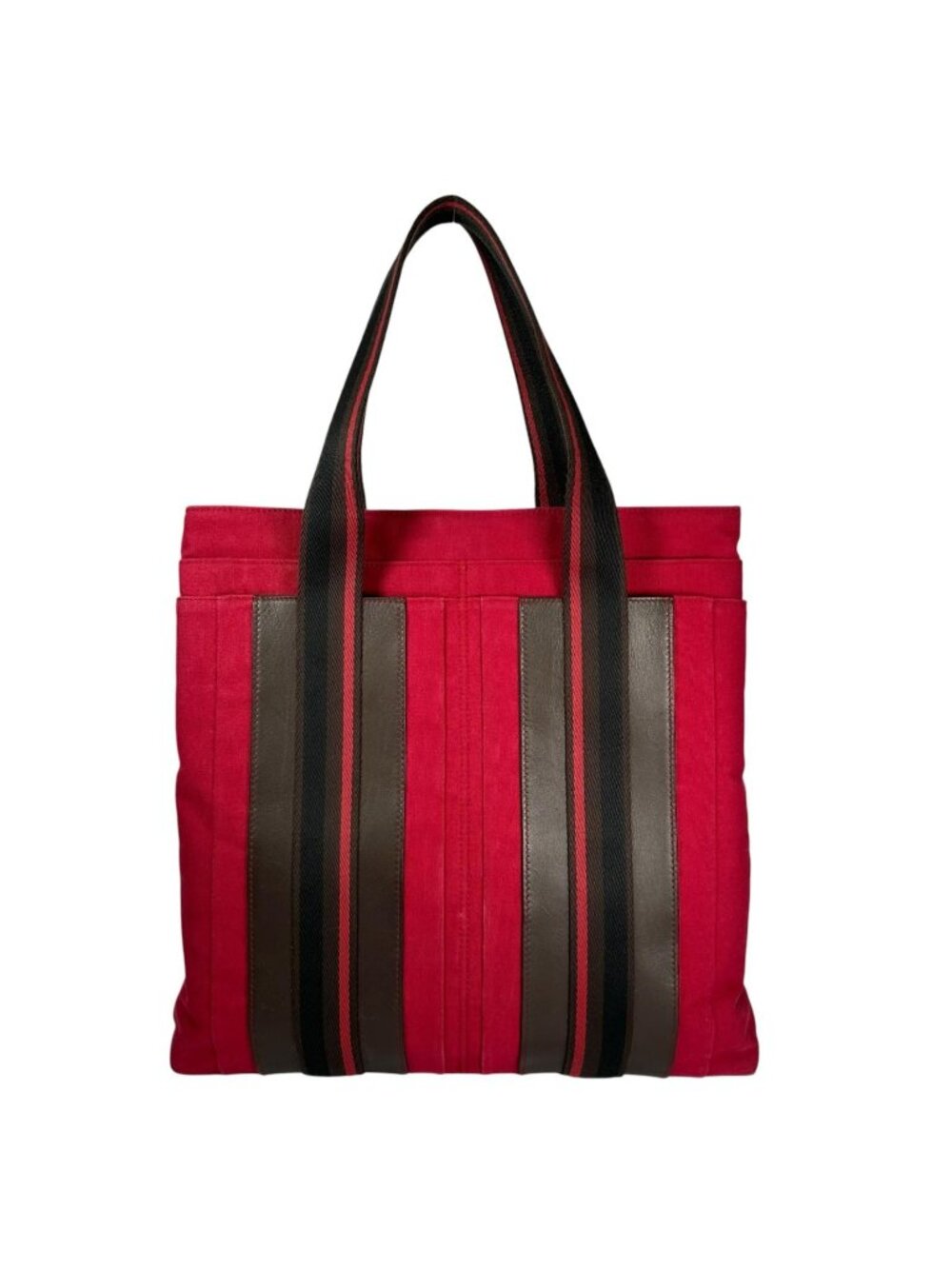 Hermes Troca Vertical MM Leather Canvas Brown Red Tote Bag Silver